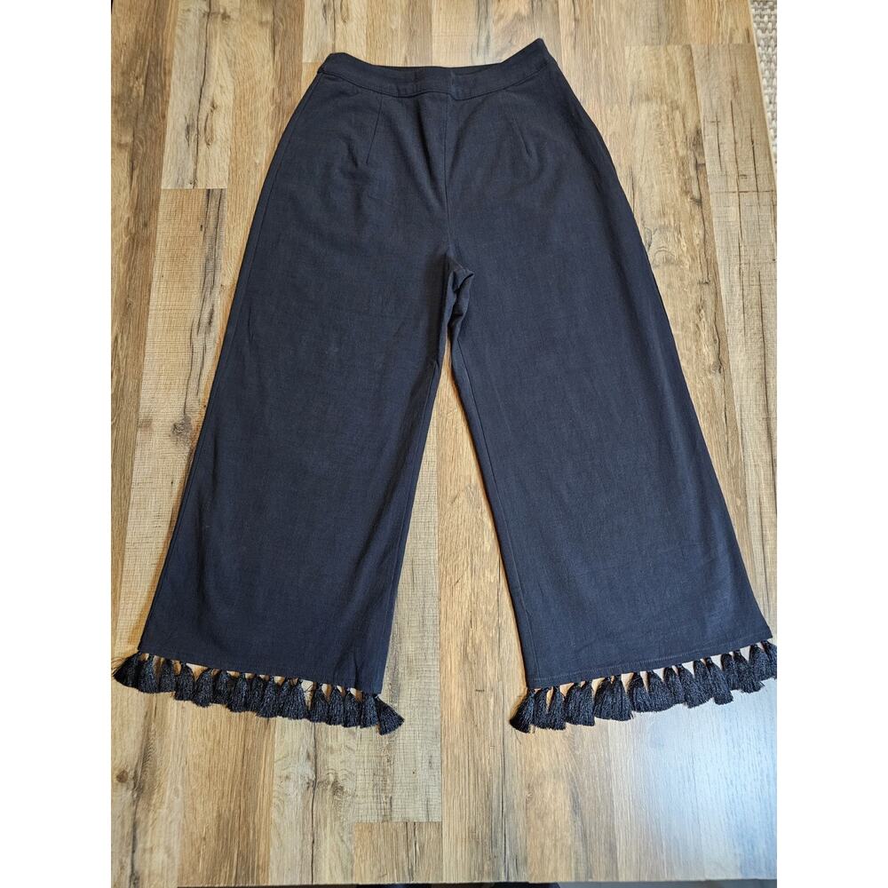 Sugar + Lips Tassel Trim Wide Leg Linen Pants Women's Size M Black Linen Blend